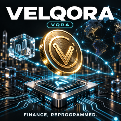 VELQORA VQRA: a gold V coin above an AI processor, with a connected globe and tokenized assets. Finance, Reprogrammed.