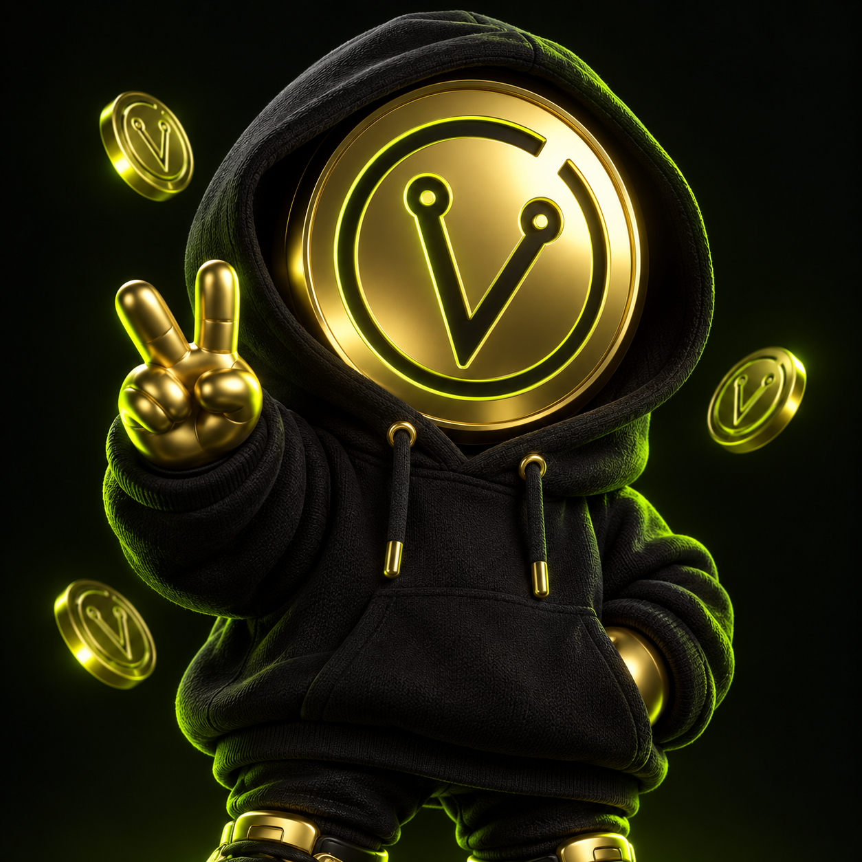 VELQORA's V coin mascot in a black hoodie, making a peace sign